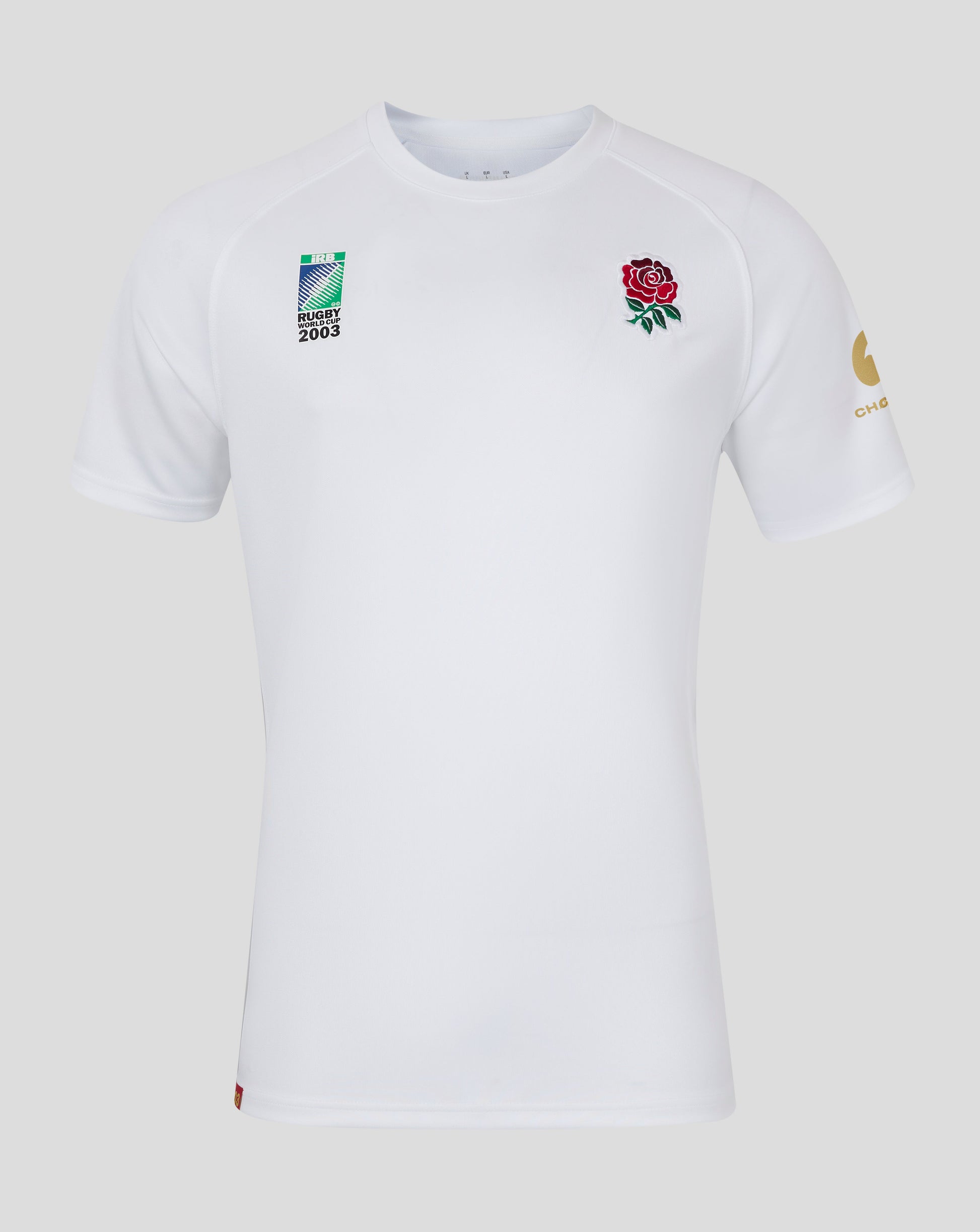 Front view of a white replica rugby jersey with the 2003 Rugby World Cup patch on the chest and a rose emblem.