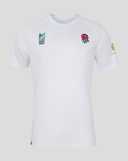 Front view of a white replica rugby jersey with the 2003 Rugby World Cup patch on the chest and a rose emblem.