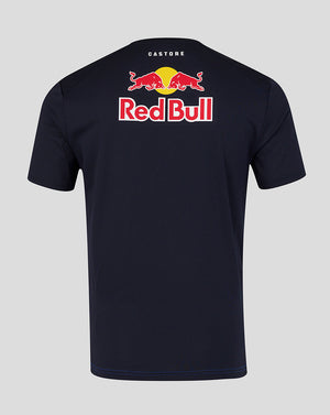 Black t-shirt with Red Bull logo on the back against a gray background