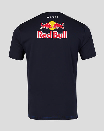 Black t-shirt with Red Bull logo on the back against a gray background