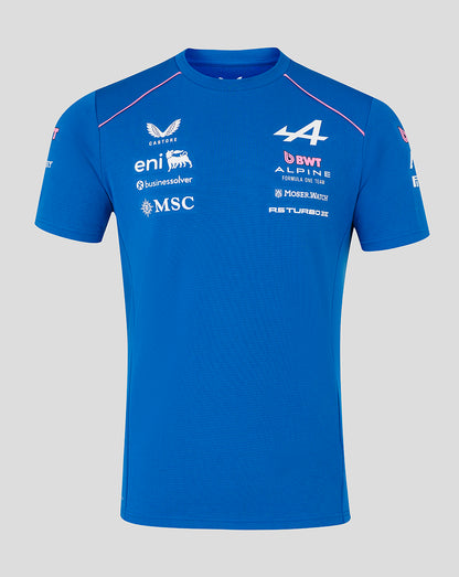 Blue official men's BWT Alpine Formula One Team Set Up T Shirt with pink piping and sponsor logos.