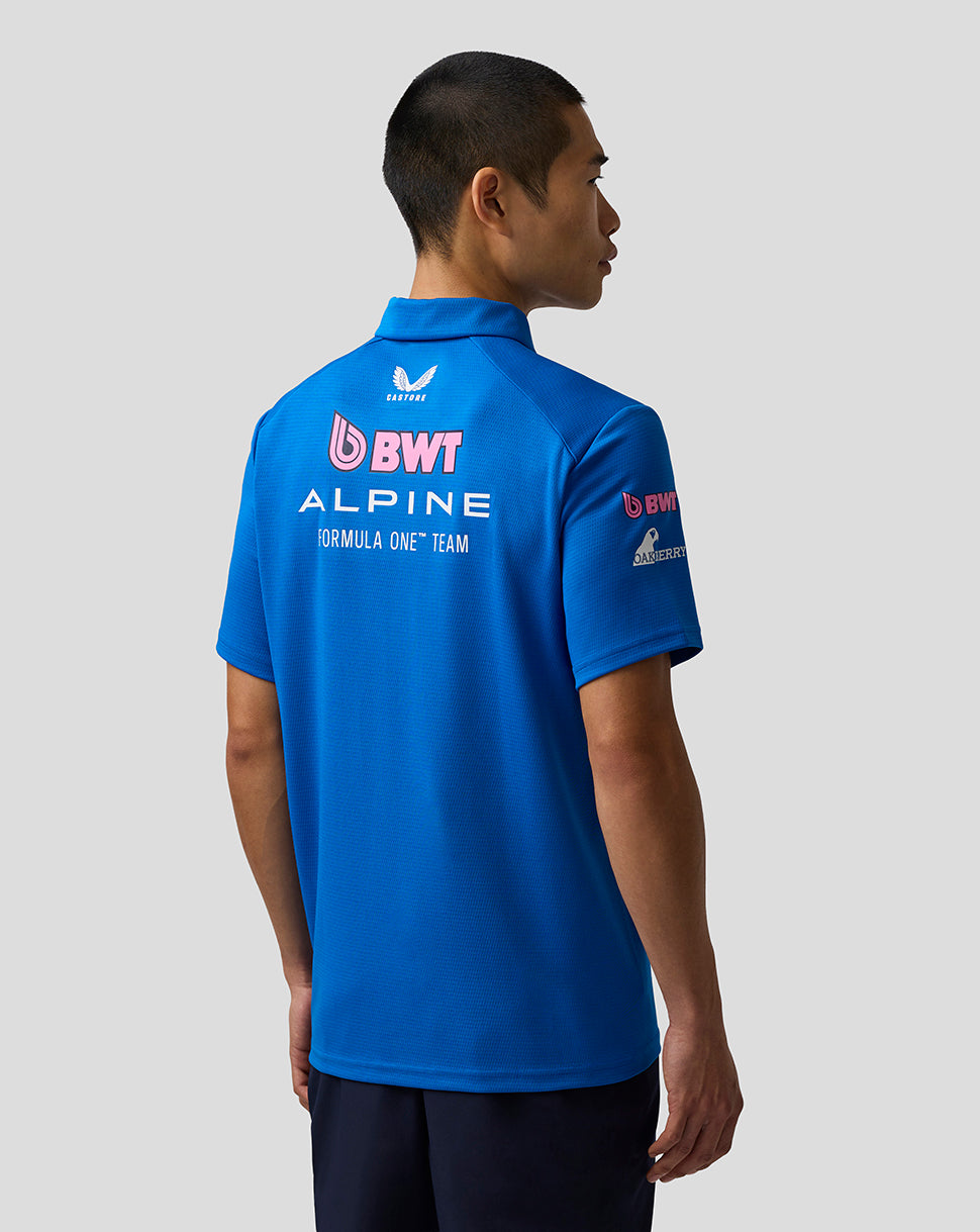 Back view of a blue BWT Alpine Formula One Team Polo on a male model with large back logos.