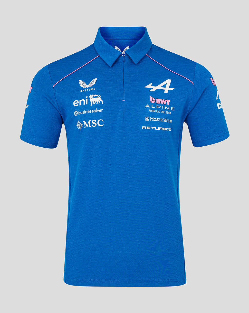 Front view of blue Official Men’s BWT Alpine Formula One Team Polo Shirt with team logos on the chest
