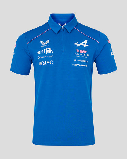 Front view of blue Official Men’s BWT Alpine Formula One Team Polo Shirt with team logos on the chest