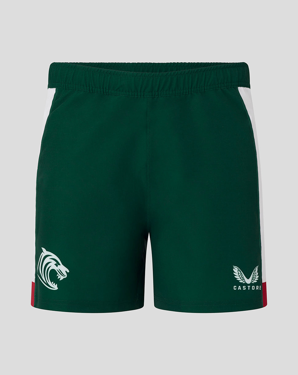 Leicester Tigers Pro Home short in dark green with white side panels and tiger crest Castore branding.
