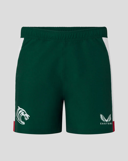 Leicester Tigers Pro Home short in dark green with white side panels and tiger crest Castore branding.
