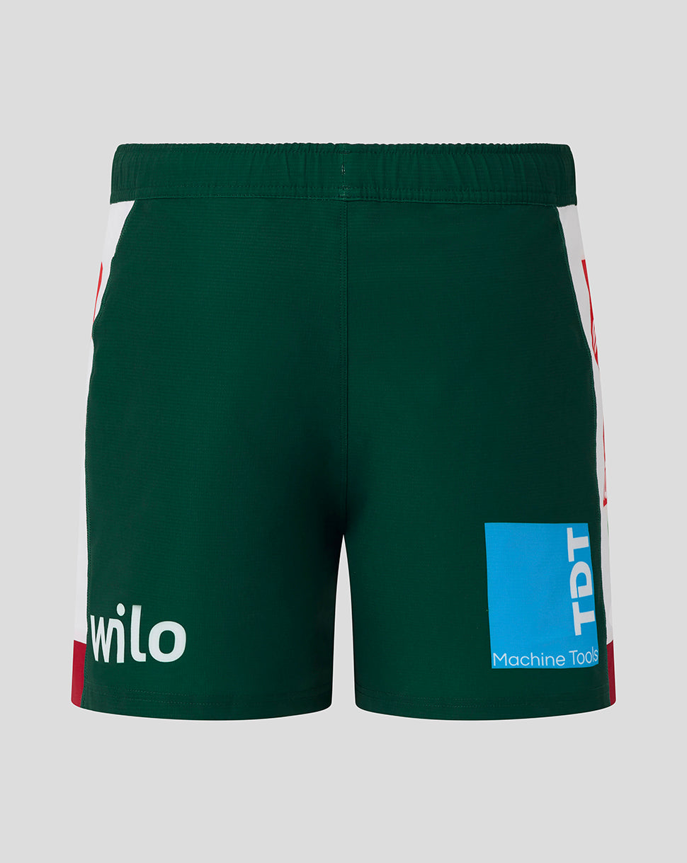 Back view of Leicester Tigers Pro Home short in dark green with white side panels and blue TDT Machine Tools sponsor on the right leg.