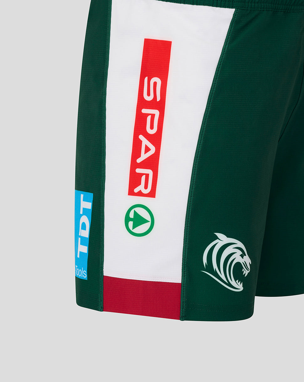 Close up of the shorts showing the SPAR sponsor in red on a white panel and a tiger crest near the hem.