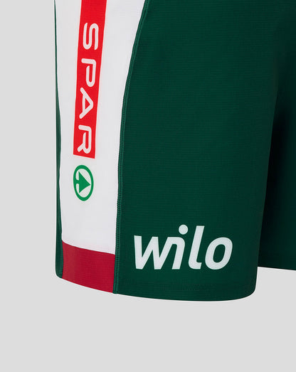 Close up of Leicester Tigers 25/26 Pro Home Short with green fabric white stripe and red SPAR lettering.
