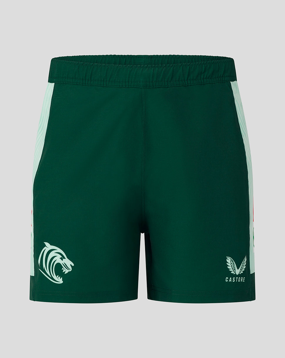 Leicester Tigers men's 25/26 Pro Away short back view in dark green with mint side panels and Castore logo near hem