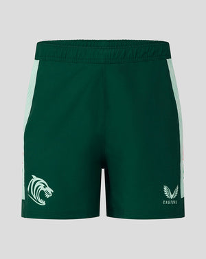 Leicester Tigers men's 25/26 Pro Away short back view in dark green with mint side panels and Castore logo near hem