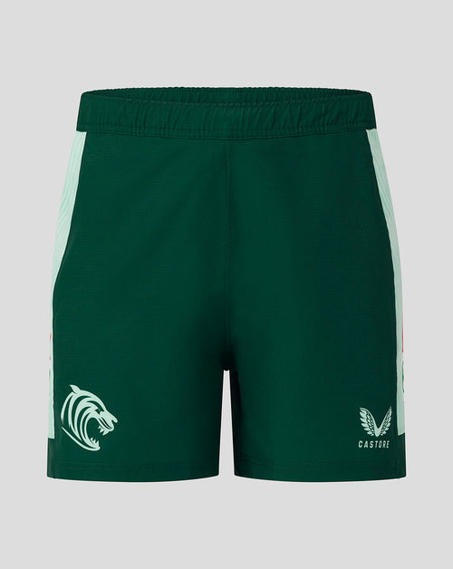 Leicester Tigers men's 25/26 Pro Away short back view in dark green with mint side panels and Castore logo near hem