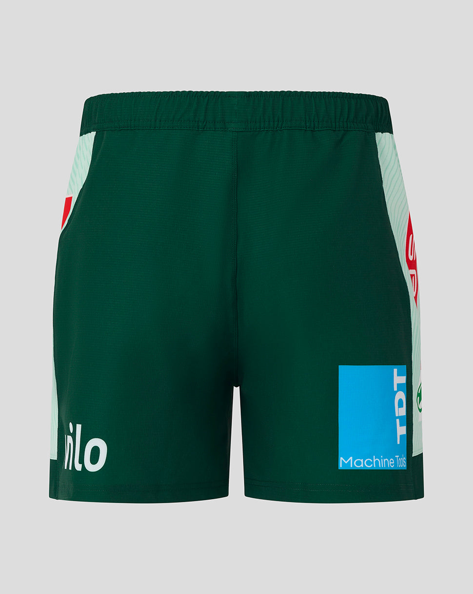 Leicester Tigers green away shorts shown from the back with mint side panels and sponsor graphics