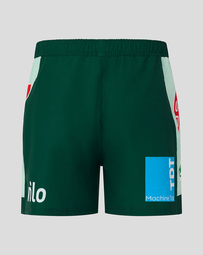 Leicester Tigers green away shorts shown from the back with mint side panels and sponsor graphics