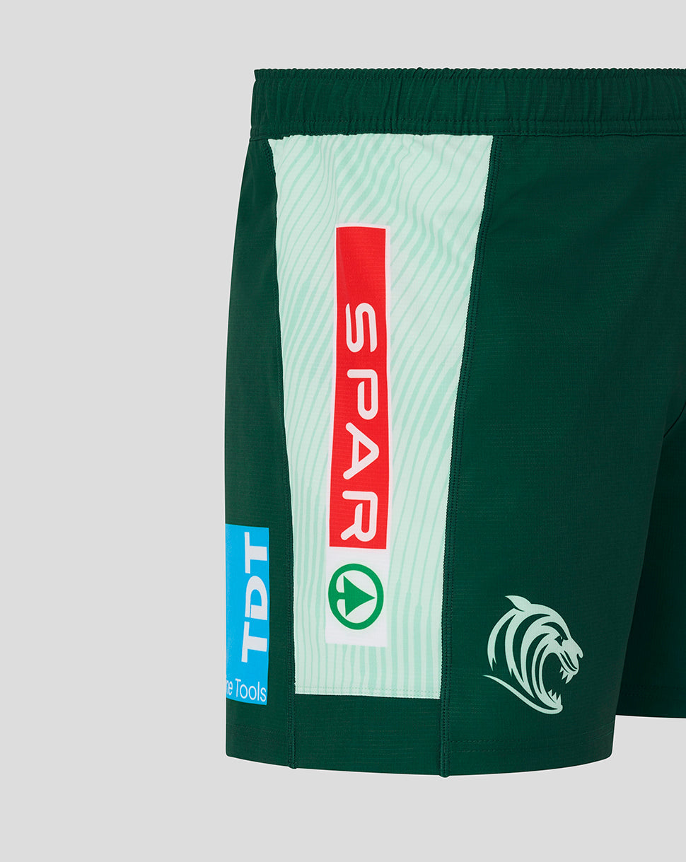 Close-up of Leicester Tigers Pro Away Shorts side panel highlighting mint stripe with SPAR logo and tiger emblem