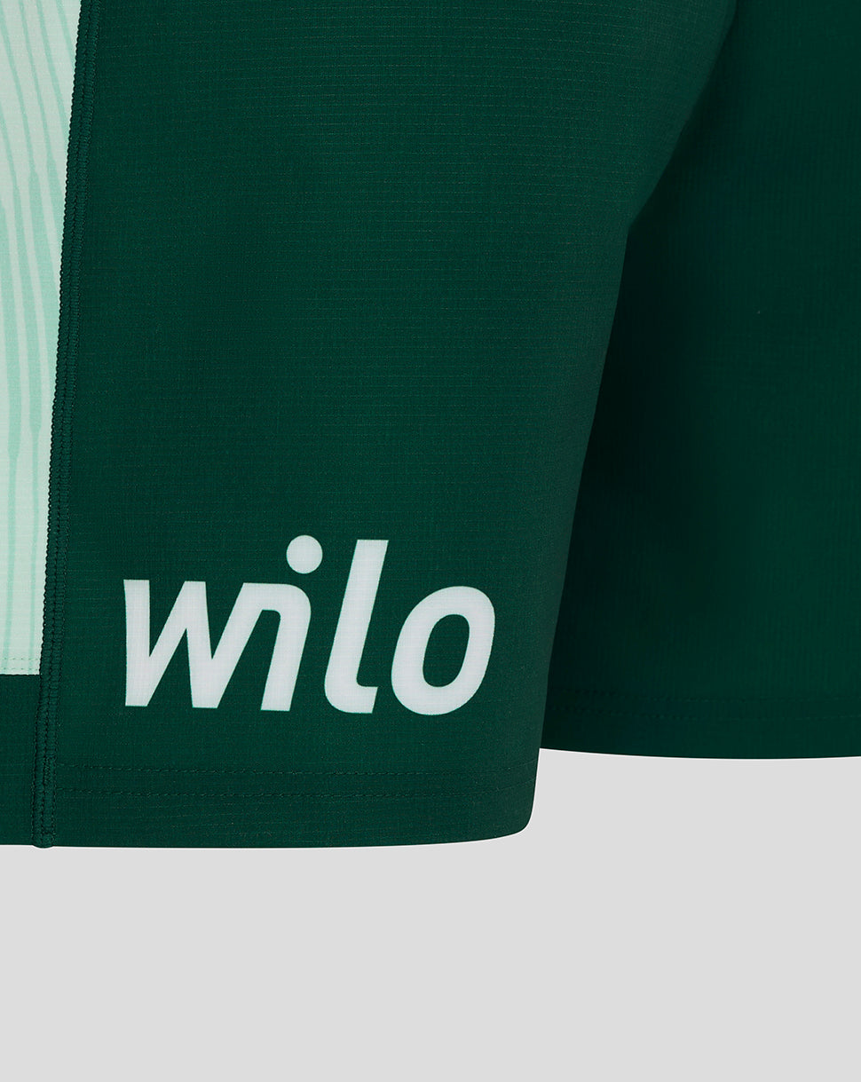 Close-up of the shorts hem area with white wilo sponsor text on dark green fabric
