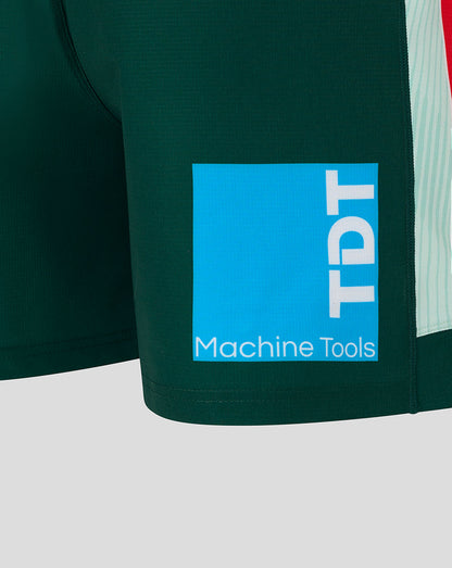 Dark green Leicester Tigers pro away shorts with a blue square patch reading TDT Machine Tools.