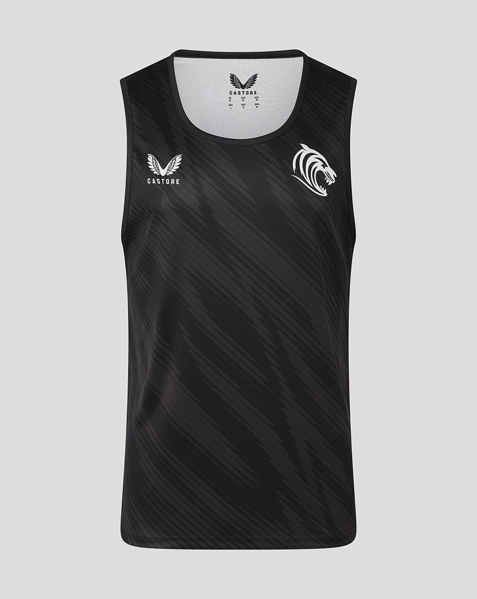 Front view of black Leicester Tigers vest with diagonal pattern and tiger head emblem and Castore logo