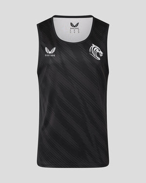 Front view of black Leicester Tigers vest with diagonal pattern and tiger head emblem and Castore logo