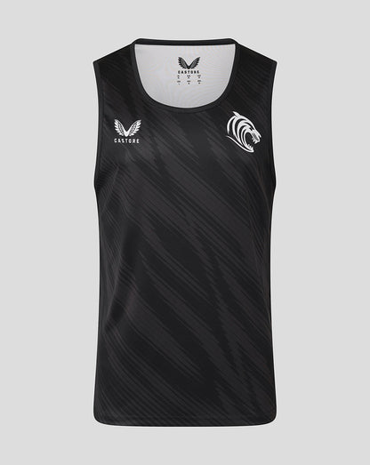 Front view of black Leicester Tigers vest with diagonal pattern and tiger head emblem and Castore logo