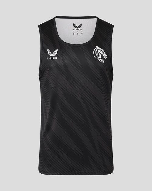 Front view of black Leicester Tigers vest with diagonal pattern and tiger head emblem and Castore logo