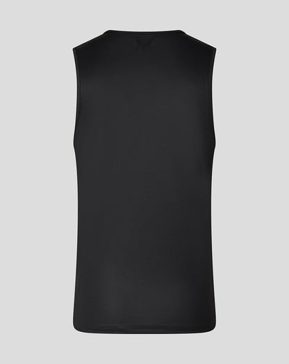 Back view of black Leicester Tigers vest with a straight back silhouette