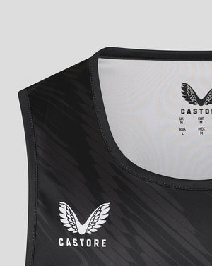 Close-up of black Leicester Tigers vest chest showing Castore logo and tiger head emblem