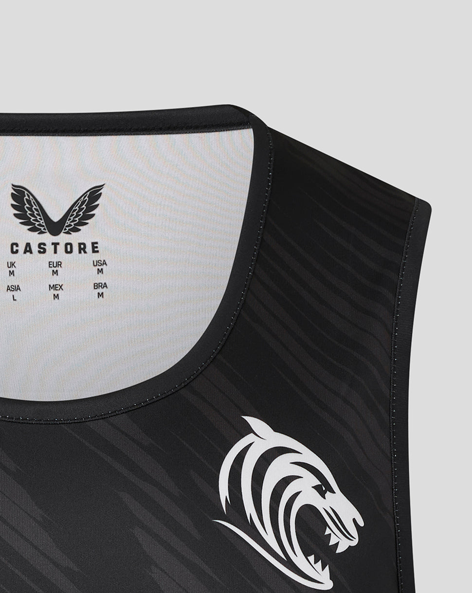 Leicester Tigers black vest close up showing Castore insignia and tiger logo