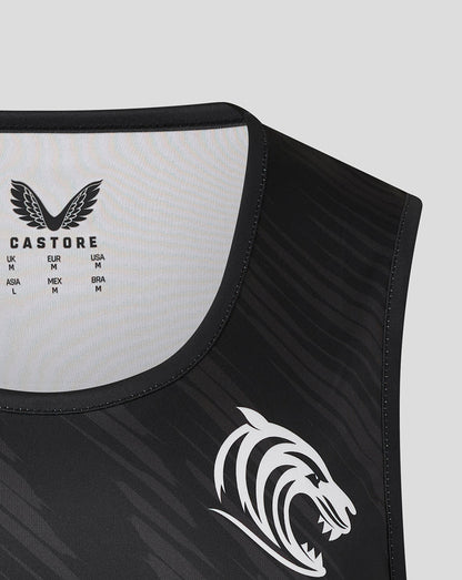 Leicester Tigers black vest close up showing Castore insignia and tiger logo