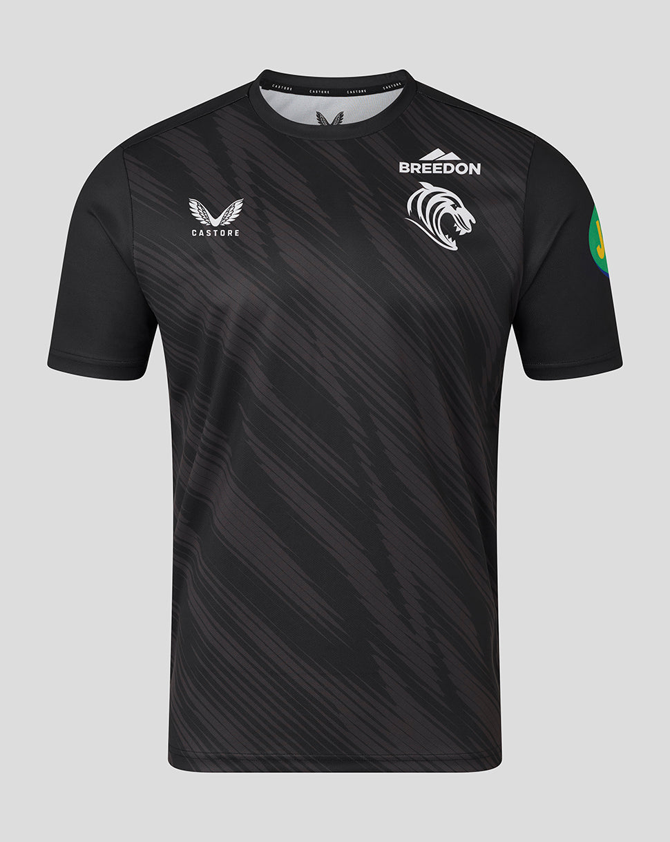 Front view of black Leicester Tigers men's 25/26 warm up T-shirt with tiger crest and sponsor logos.