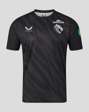 Front view of black Leicester Tigers men's 25/26 warm up T-shirt with tiger crest and sponsor logos.