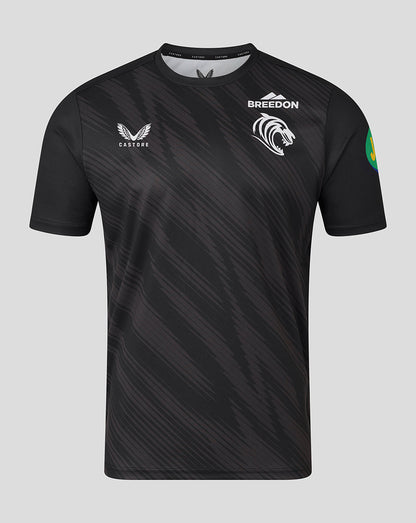 Front view of black Leicester Tigers men's 25/26 warm up T-shirt with tiger crest and sponsor logos.