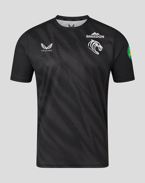 Front view of black Leicester Tigers men's 25/26 warm up T-shirt with tiger crest and sponsor logos.