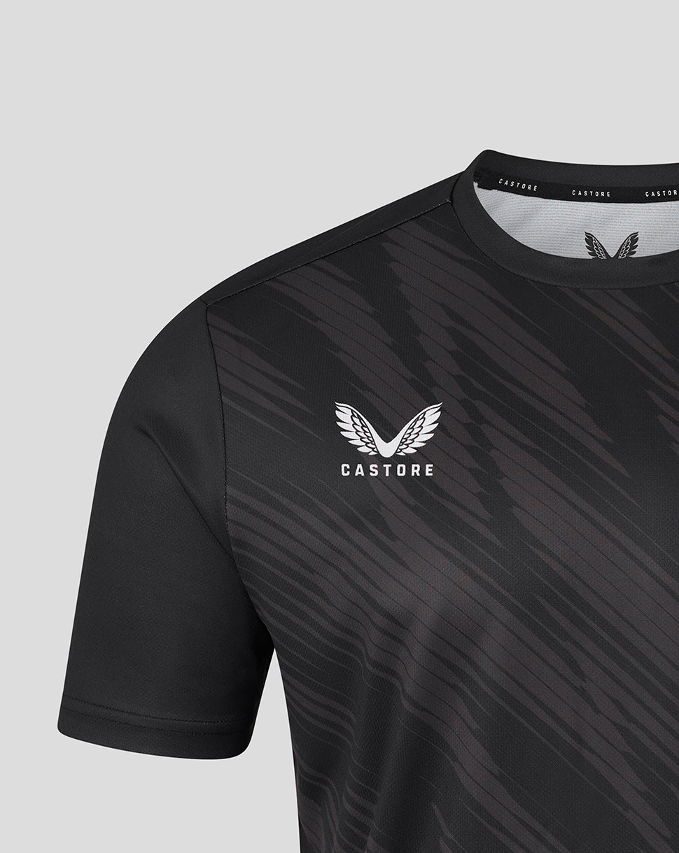 Black Leicester Tigers warm up T shirt with white winged crest and CASTORE branding on chest