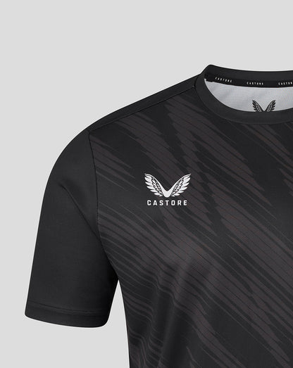 Black Leicester Tigers warm up T shirt with white winged crest and CASTORE branding on chest