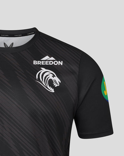 Black Leicester Tigers warm up T shirt front with BREEDON logo and tiger head