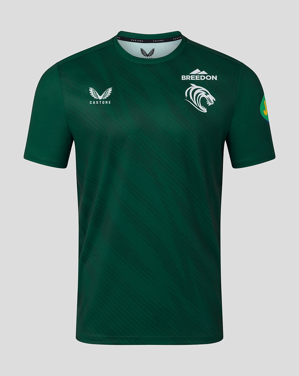 Dark green Leicester Tigers warm up T shirt front with white Castore wings logo on left chest and Breedon logo on right chest