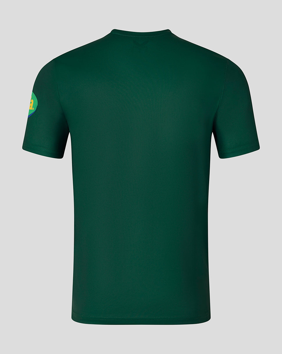 Back view of dark green Leicester Tigers warm up T shirt with subtle diagonal texture