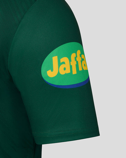 Sleeve of the Leicester Tigers warm up shirt with a green round patch and yellow lettering