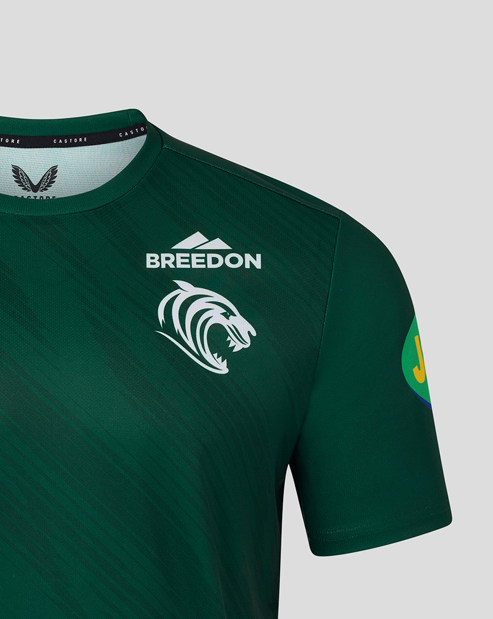 Dark green Leicester Tigers Men's 25/26 warm up T shirt front view with tiger crest and Breedon logo