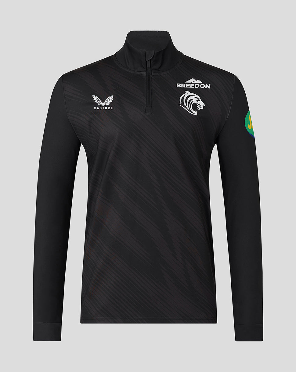Front view of a black Leicester Tigers men's 25/26 training quarter zip with club crest and sponsor logos.