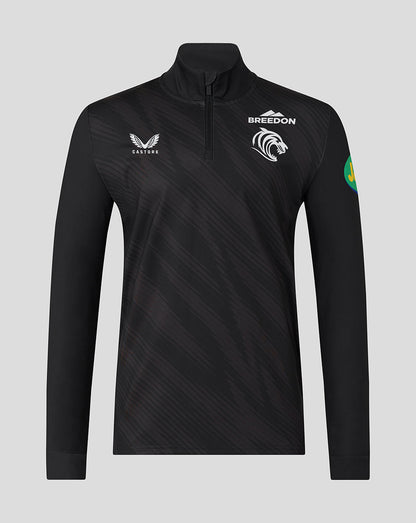 Front view of a black Leicester Tigers men's 25/26 training quarter zip with club crest and sponsor logos.