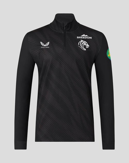 Front view of a black Leicester Tigers men's 25/26 training quarter zip with club crest and sponsor logos.
