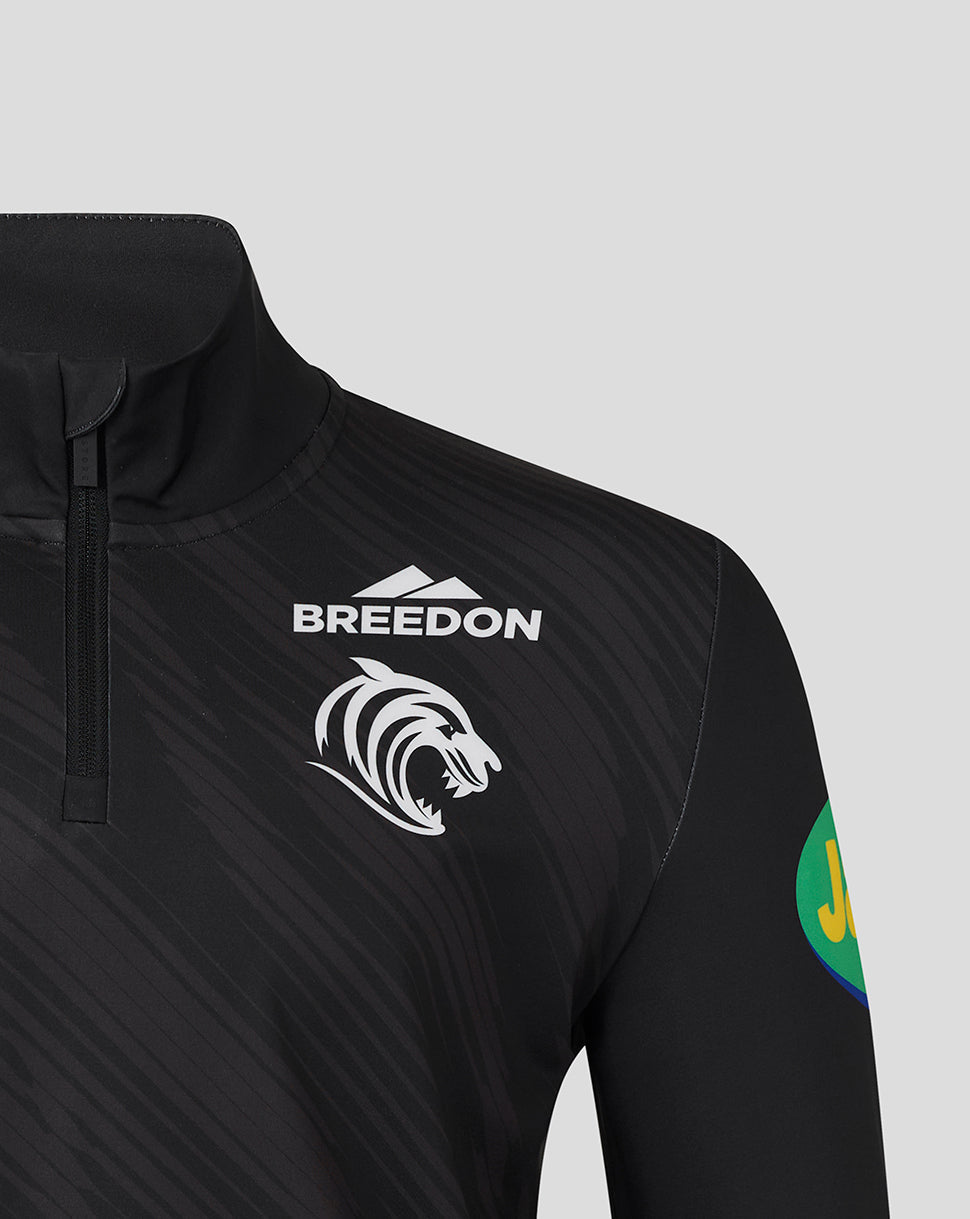 Black Leicester Tigers training quarter zip with Breedon logo and tiger crest on the chest
