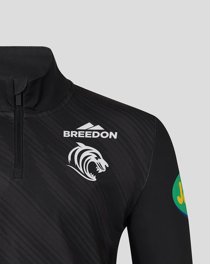 Black Leicester Tigers training quarter zip with Breedon logo and tiger crest on the chest