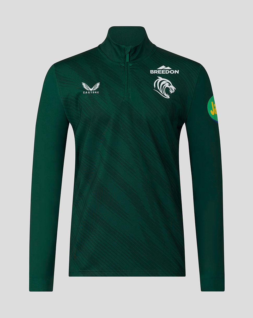 Front view of dark green Leicester Tigers training quarter zip with tiger crest and sponsor logos