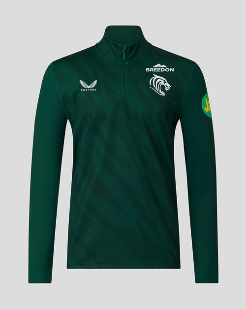 Front view of dark green Leicester Tigers training quarter zip with tiger crest and sponsor logos