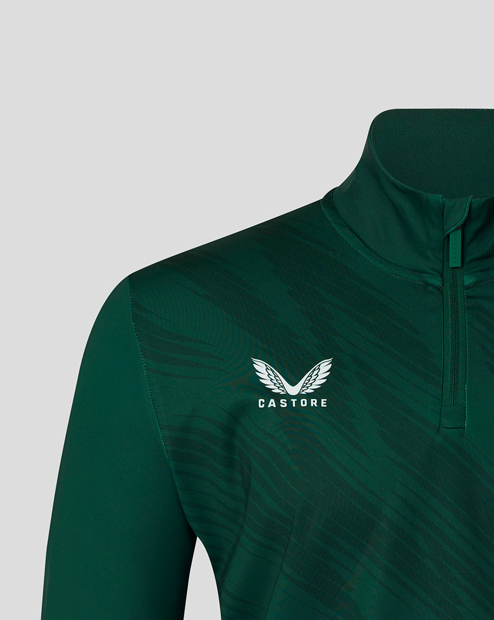 Close-up of left chest displaying the Castore logo on the dark green Leicester Tigers training top