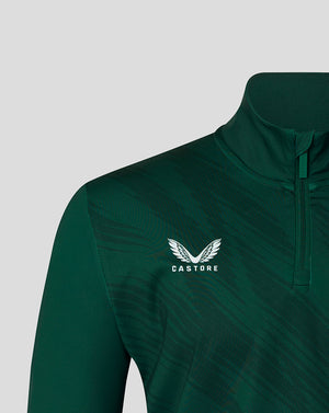 Close-up of left chest displaying the Castore logo on the dark green Leicester Tigers training top