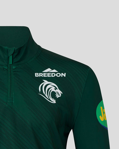 Dark green Leicester Tigers training quarter zip close up on chest with Breedon logo and tiger emblem